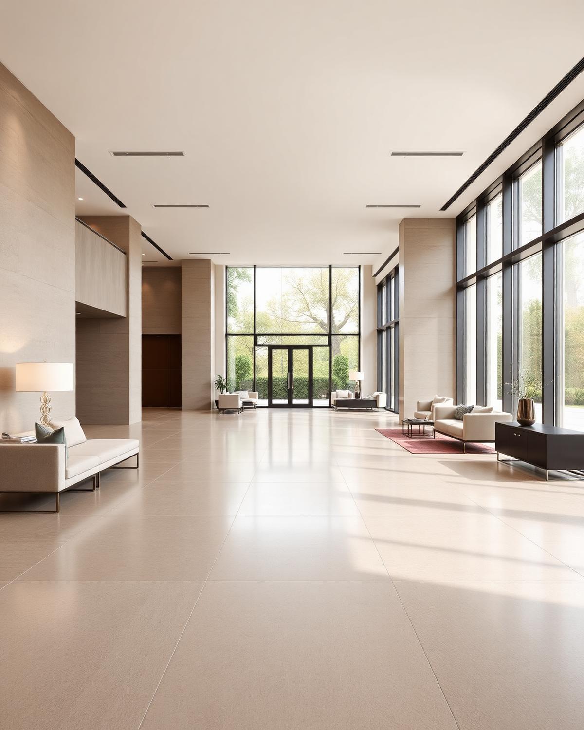 Large format polished porcelain tiles in a spacious modern lobby